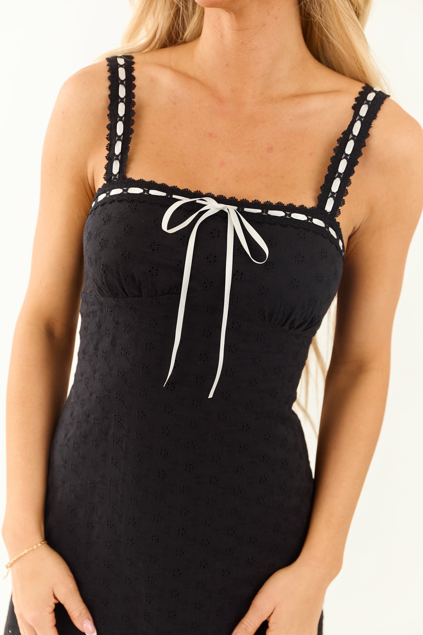 Black Eyelet Lace Square Neck Mini Dress