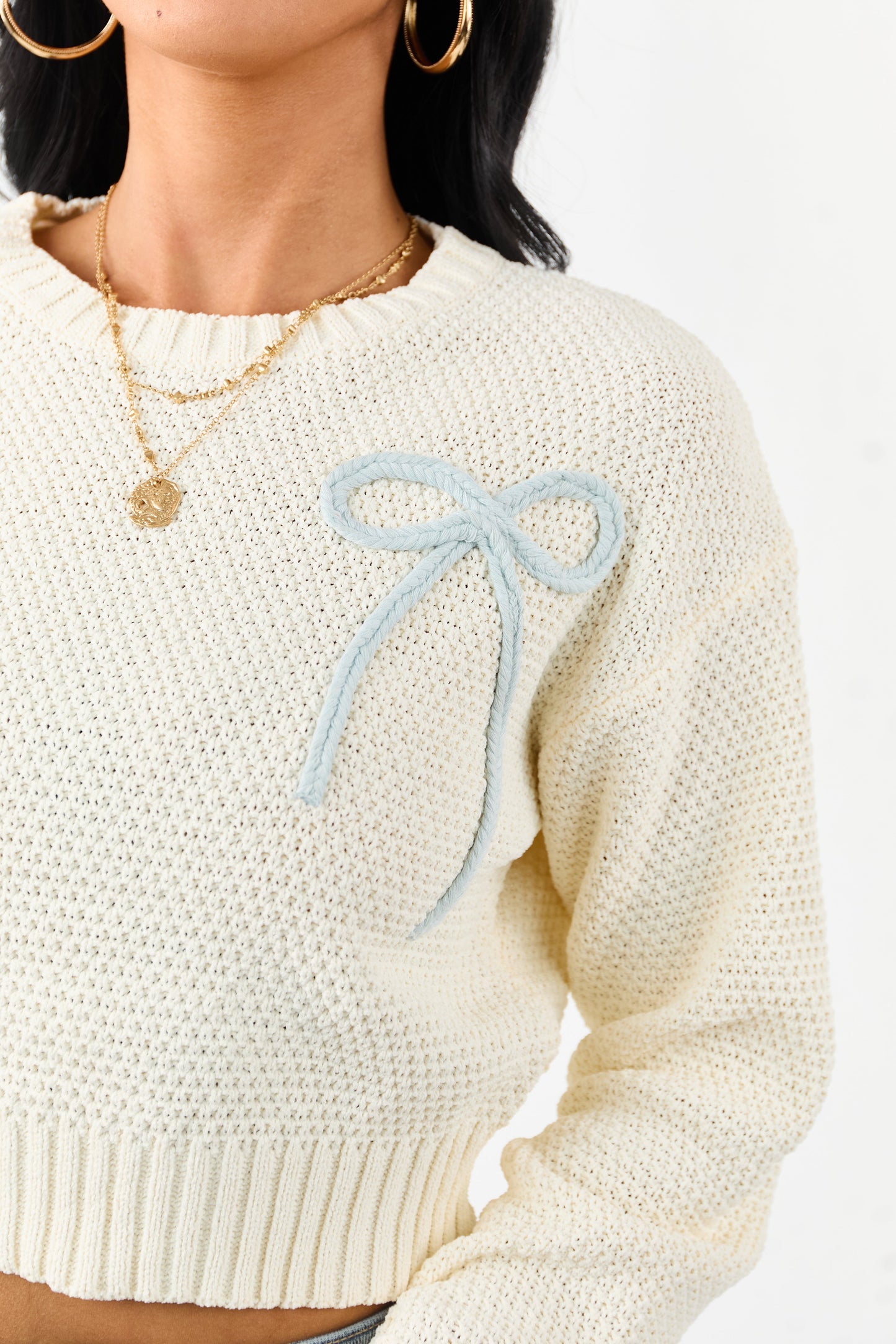 Cream Crochet Knit Bow Detail Crop Sweater