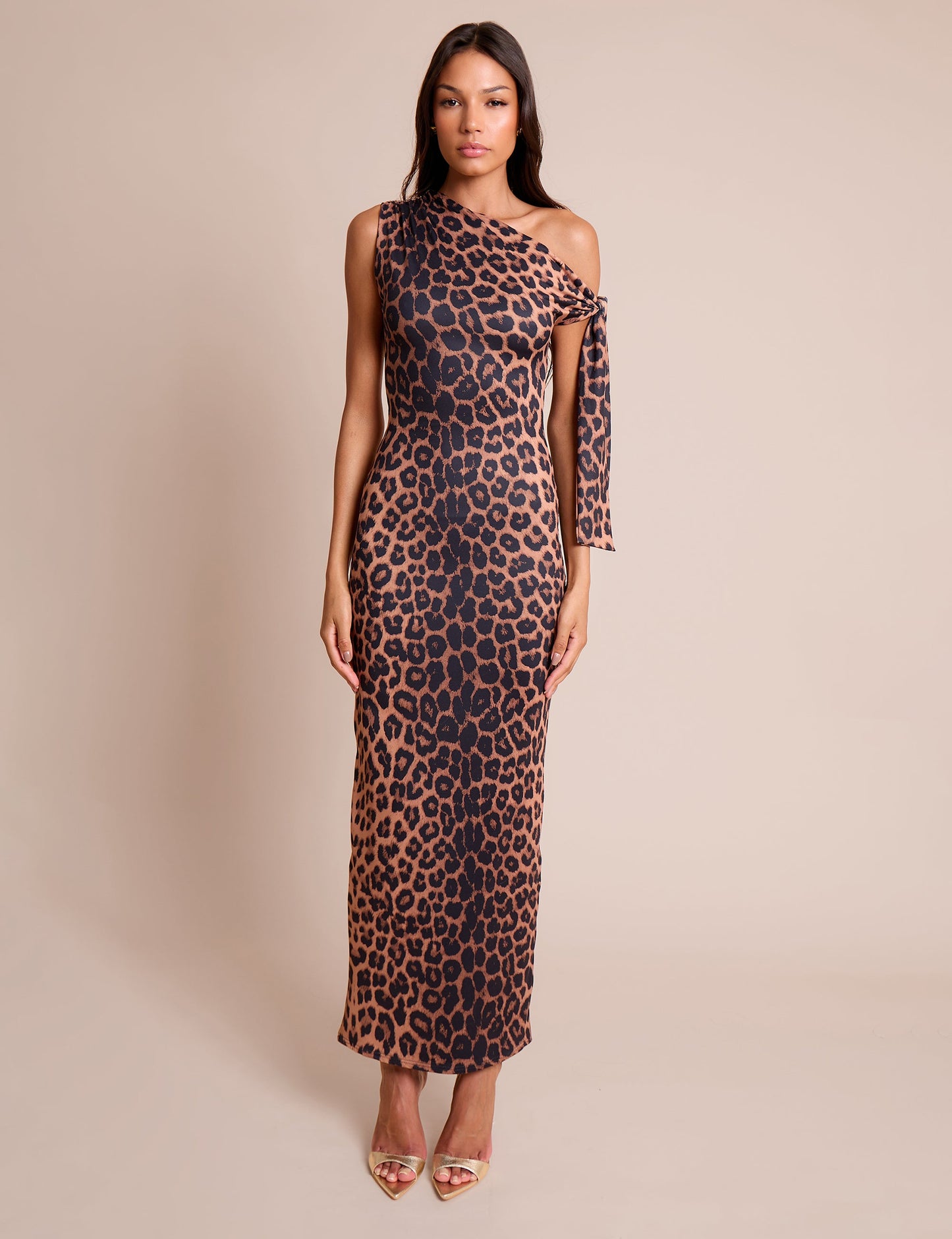 Knot Detail Asymmetric One Shoulder Luxe Slinky Maxi Dress Leopard