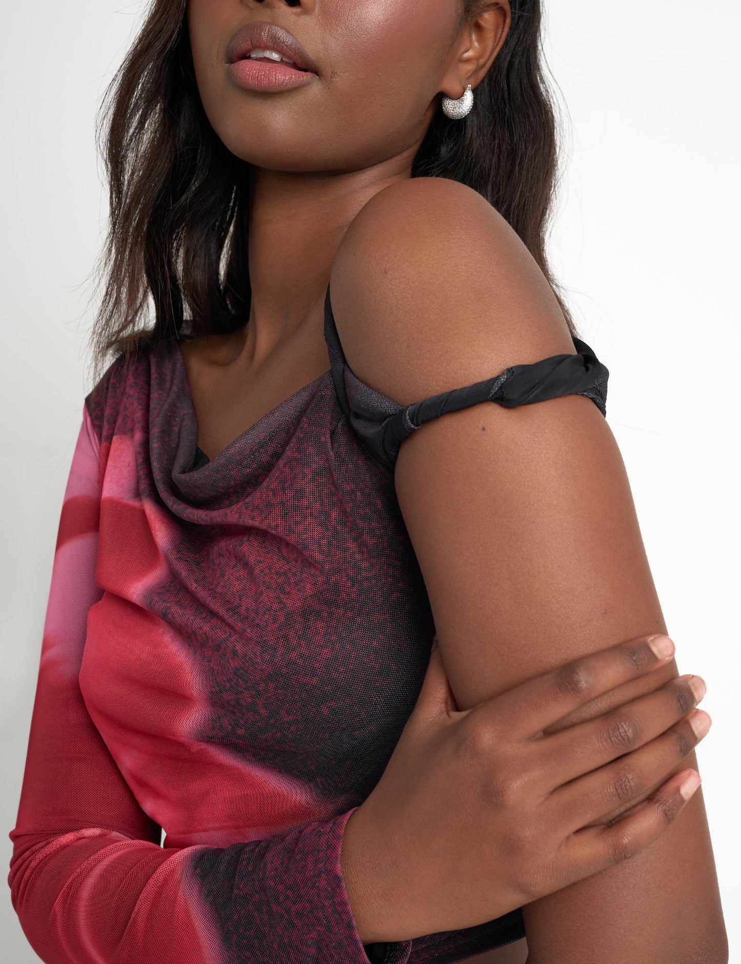 Floral Print Slinky Twist Strap Asymmetric Top Black