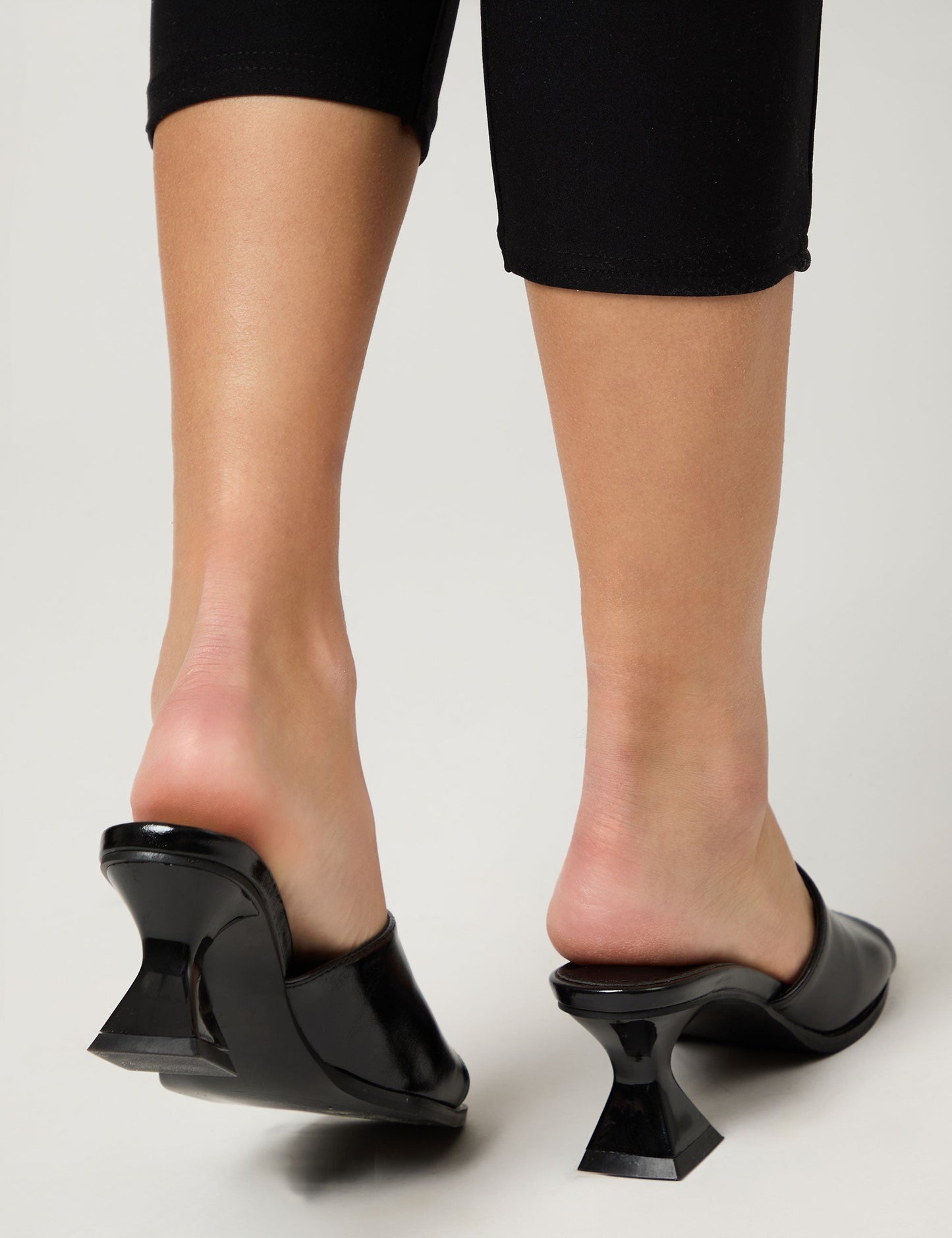 Romi Black Patent Mule Square Toe Flared Block Mid Heels