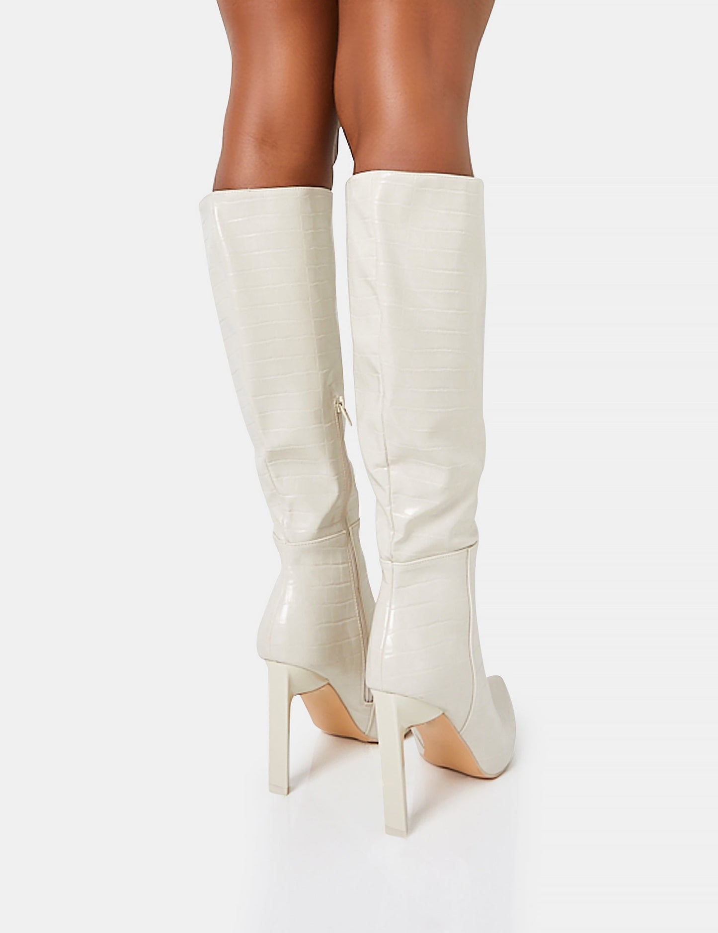 Unite Ecru Croc Pointed Toe Knee High Block Heeled Boots