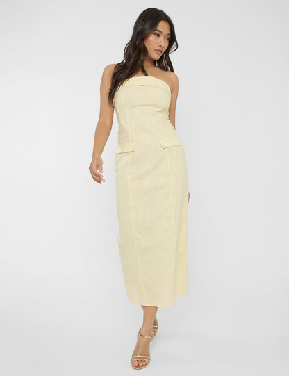 Linen Look Tailored Fold Over Bandeau Pocket Detail Midi Dress Yellow