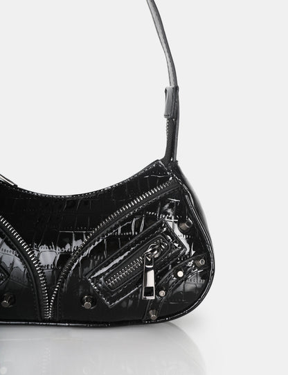 The Candice Zip Detailed Black Croc Shoulder Bag