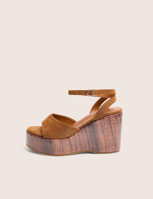 Aluna Tan Faux Suede Wooden Wedge Heels