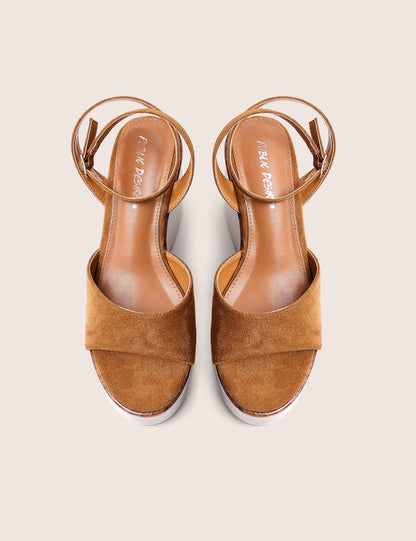 Aluna Tan Faux Suede Wooden Wedge Heels