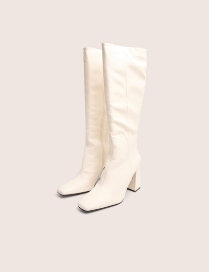Apology White Pu Knee High Block Heel Boots