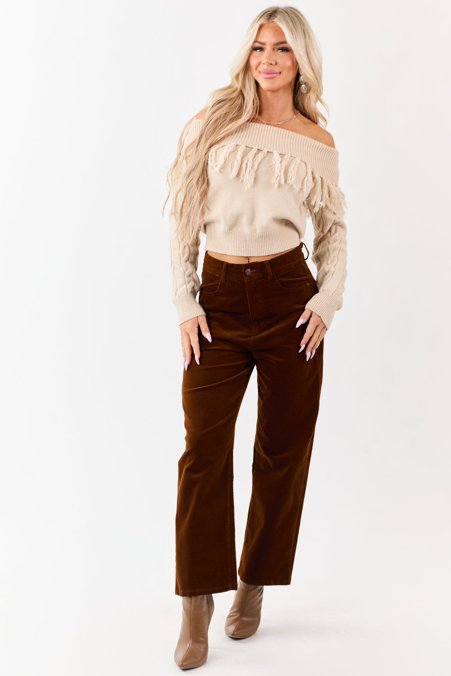 Almond Cable Knit Off Shoulder Tassel Sweater
