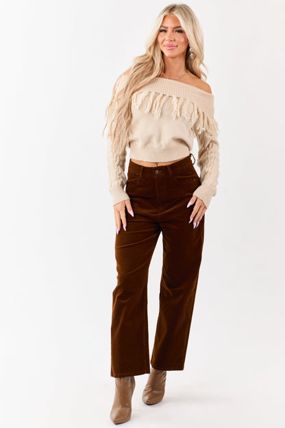 Almond Cable Knit Off Shoulder Tassel Sweater