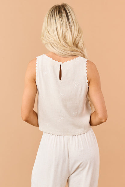 Almond Linen Blend Embroidered Ribbon Tank Top