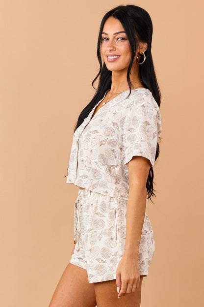 Almond Linen Blend Seashell Print Drawstring Shorts