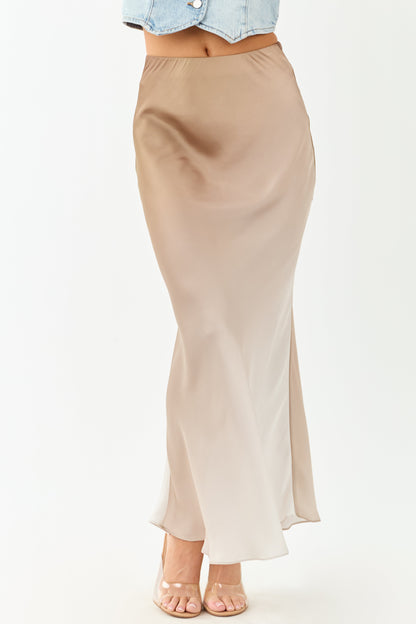 Almond and Latte Ombre Flowy Satin Maxi Skirt