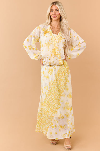 Amber Mixed Floral Print Surplice Long Sleeve Top