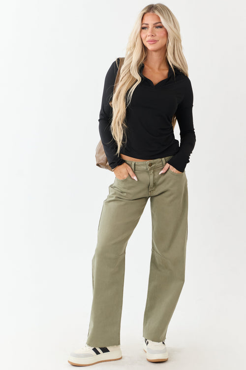 Antique Olive Mid Rise Raw Hem Barrel Jeans