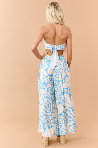 Azure Abstract Strapless Top and Wide Pants Set