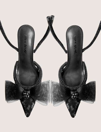 Brat Black Diamante Strap Wrap Around Pointed Stiletto Heels