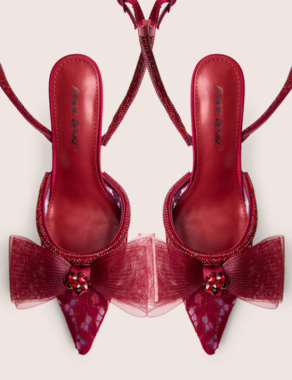 Brat Burgundy Diamante Strap Wrap Around Pointed Stiletto Heels