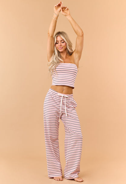 Baby Pink Striped Wide Leg Knit Pants
