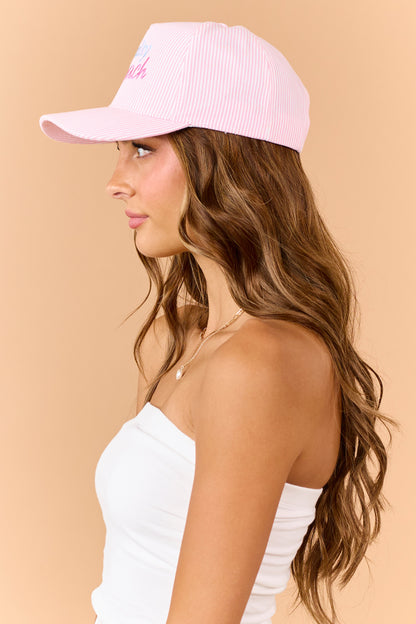 Baby Pink Striped 'Salty Beach' Embroidered Trucker Hat