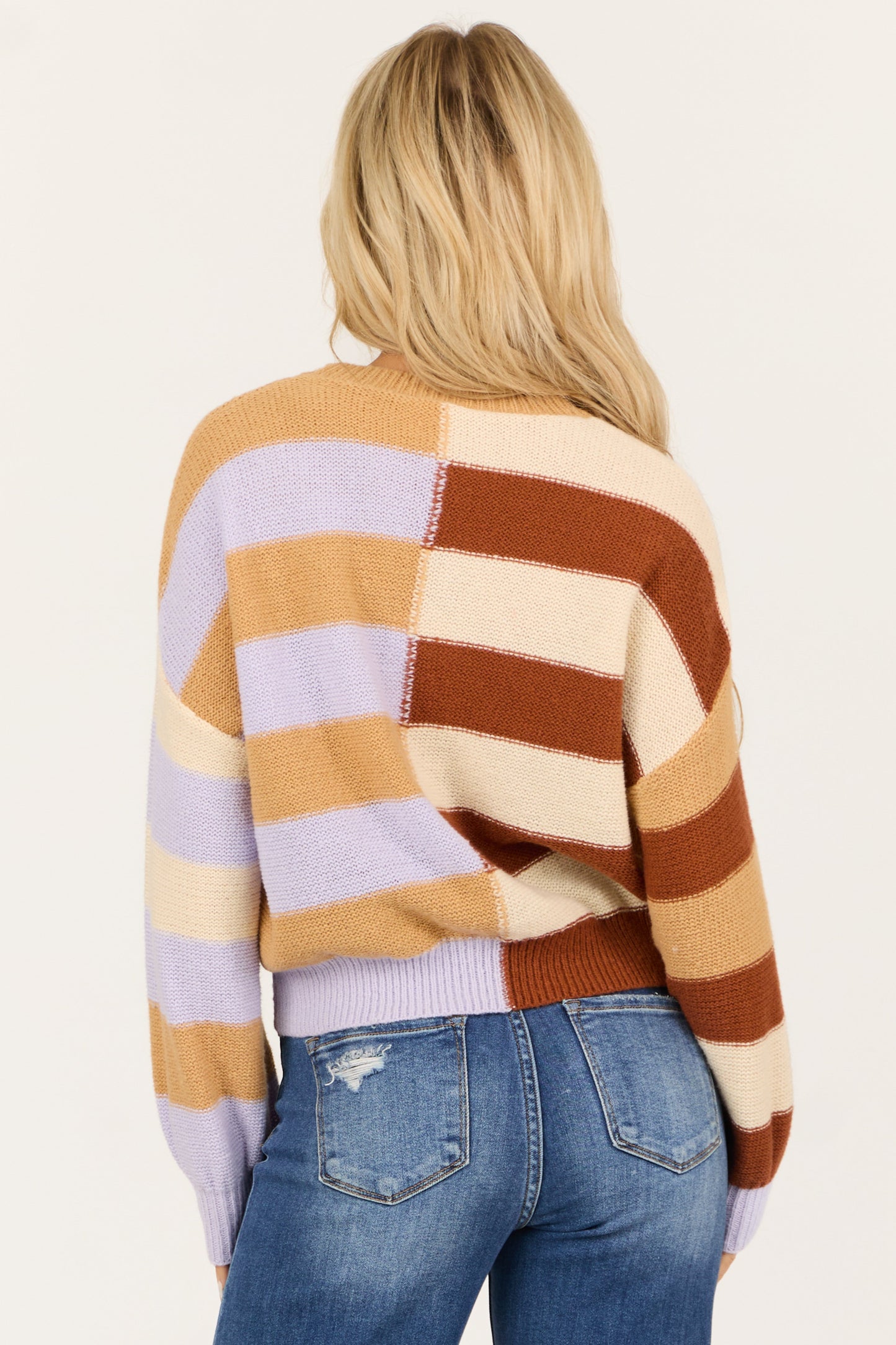 Beige Colorful Stripe Long Sleeve Sweater