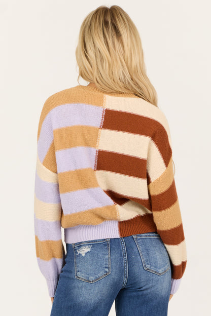 Beige Colorful Stripe Long Sleeve Sweater