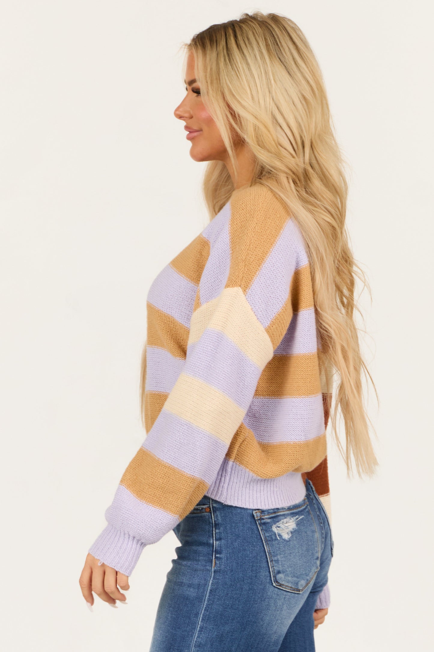 Beige Colorful Stripe Long Sleeve Sweater