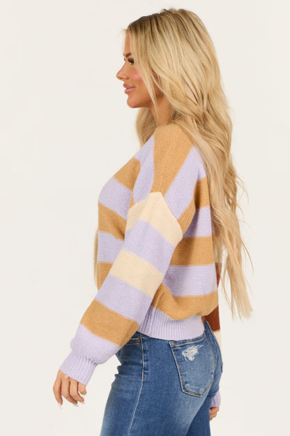 Beige Colorful Stripe Long Sleeve Sweater
