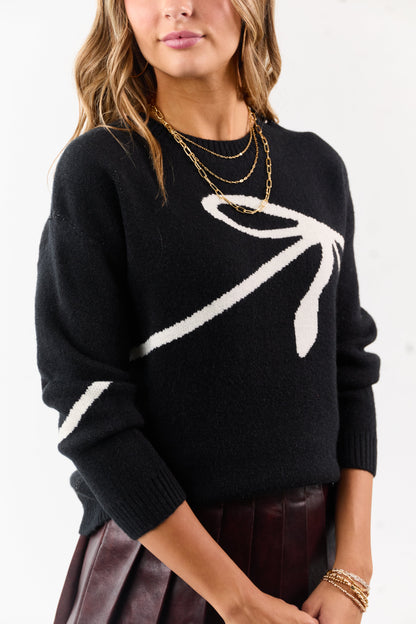 Black and Ivory Bow Graphic Relaxed Knit Sweater