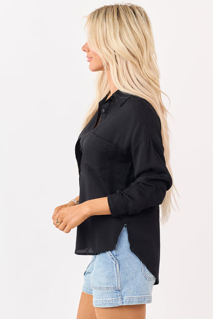 Black Button Down Side Slit Long Sleeve Top