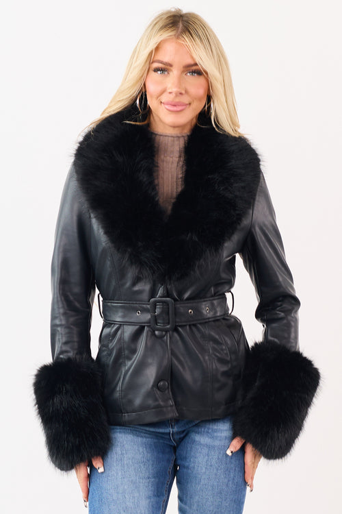 Black Faux Leather Belted Faux Fur Trim Coat