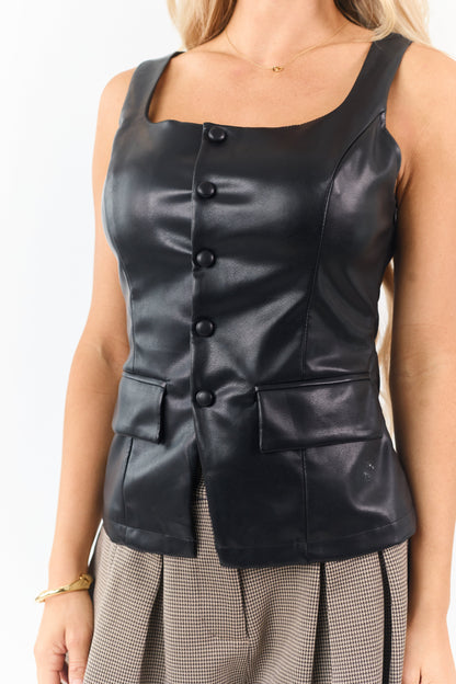 Black Faux Leather Button Down Vest Style Tank Top