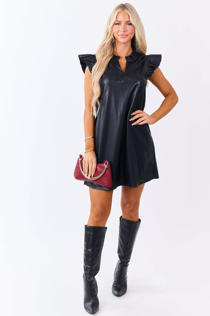 Black Faux Leather Ruffle Sleeve Mini Shift Dress
