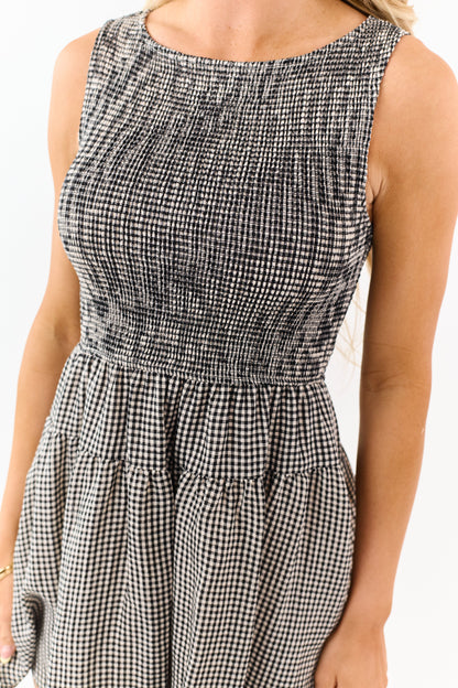 Black Gingham Smocked Bodice Sleeveless Mini Dress