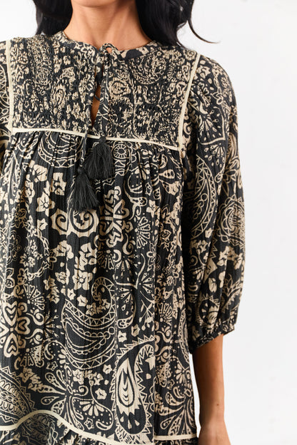 Black Paisley Print Puff Sleeve Smocked Mini Dress