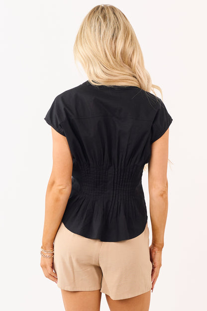 Black Pleated Linen Blend Button Down Top