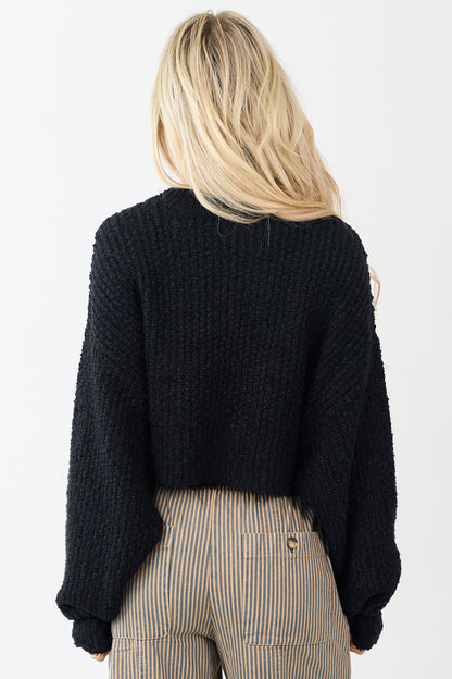 Black Popcorn Knit Cropped Oversized Sweater