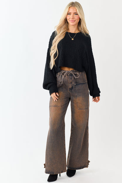 Black Popcorn Knit Cropped Oversized Sweater