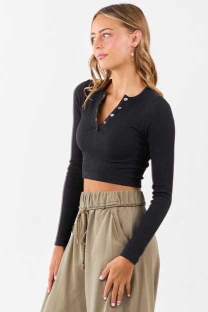 Black Rib Knit Cropped Long Sleeve Top