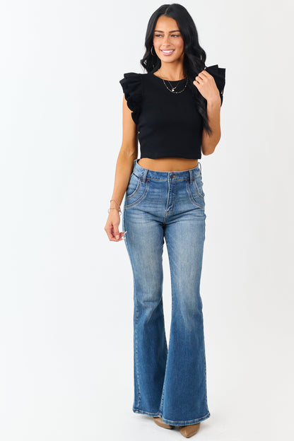 Black Rib Knit Ruffle Cap Sleeve Crop Top