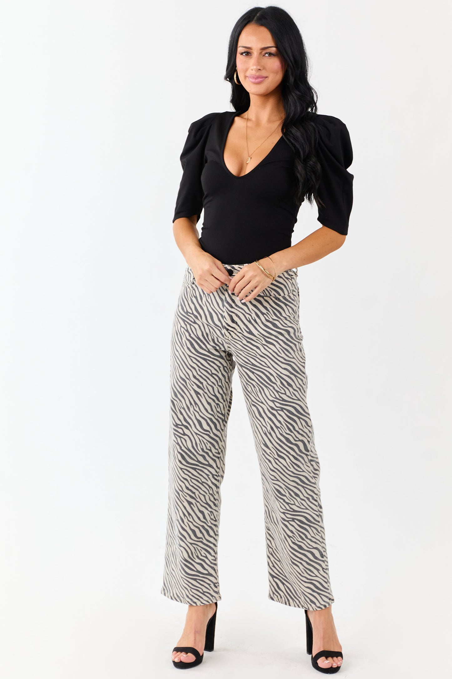Black Ruched Half Sleeve Deep V Neck Bodysuit