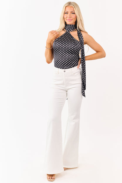 Black Satin Polka Dot Halter Neck Bow Tie Top