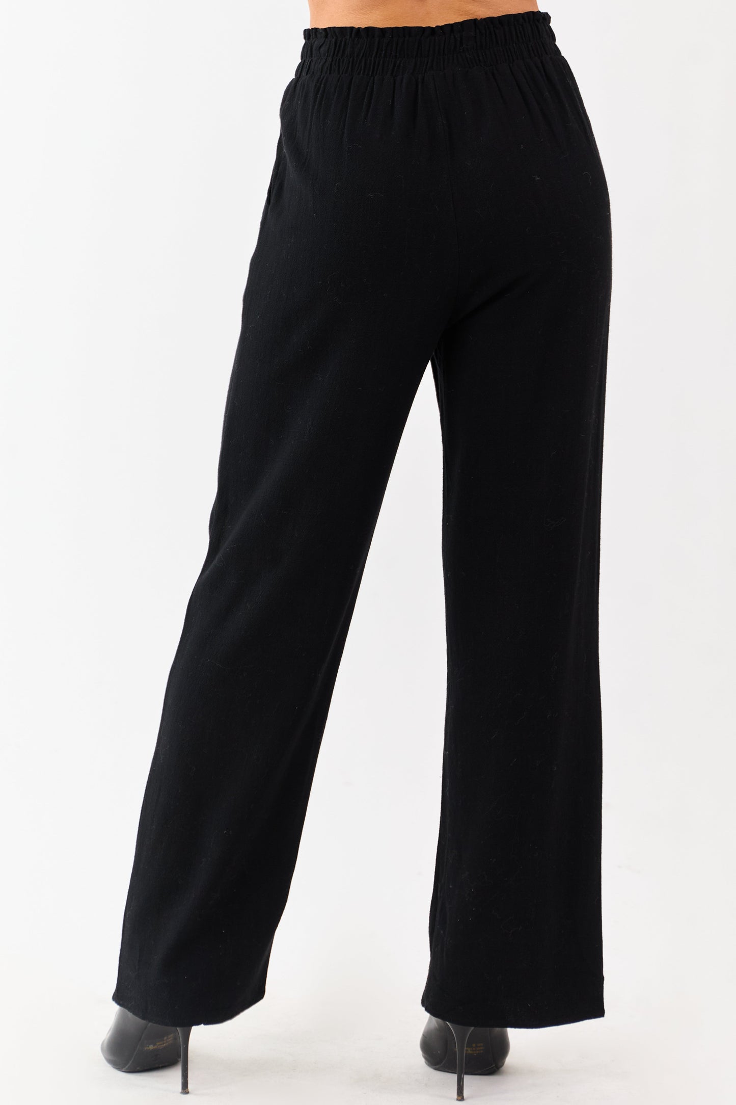 Black Smocked Waistband Wide Leg Linen Blend Pants