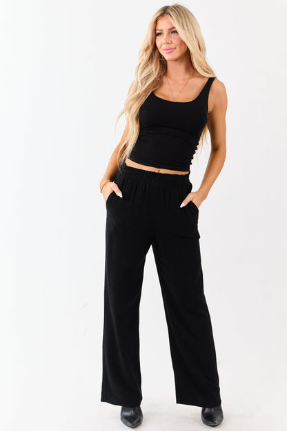 Black Smocked Waistband Wide Leg Linen Blend Pants