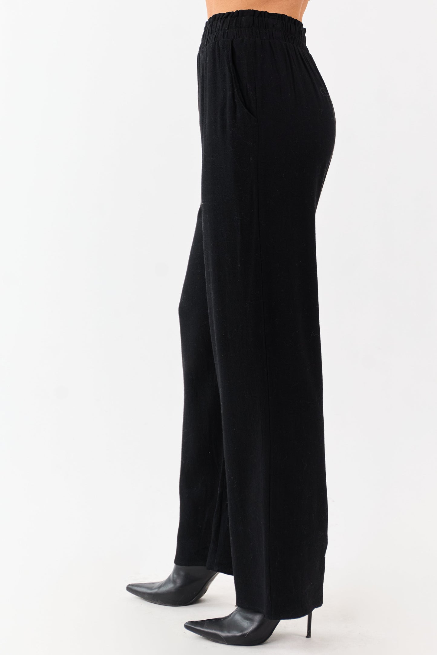 Black Smocked Waistband Wide Leg Linen Blend Pants