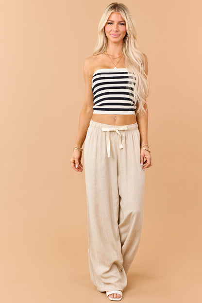 Black and Cream Striped Rib Knit Strapless Top