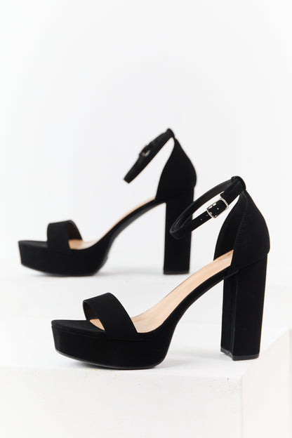Black Faux Leather Ankle Strap Platform Heels