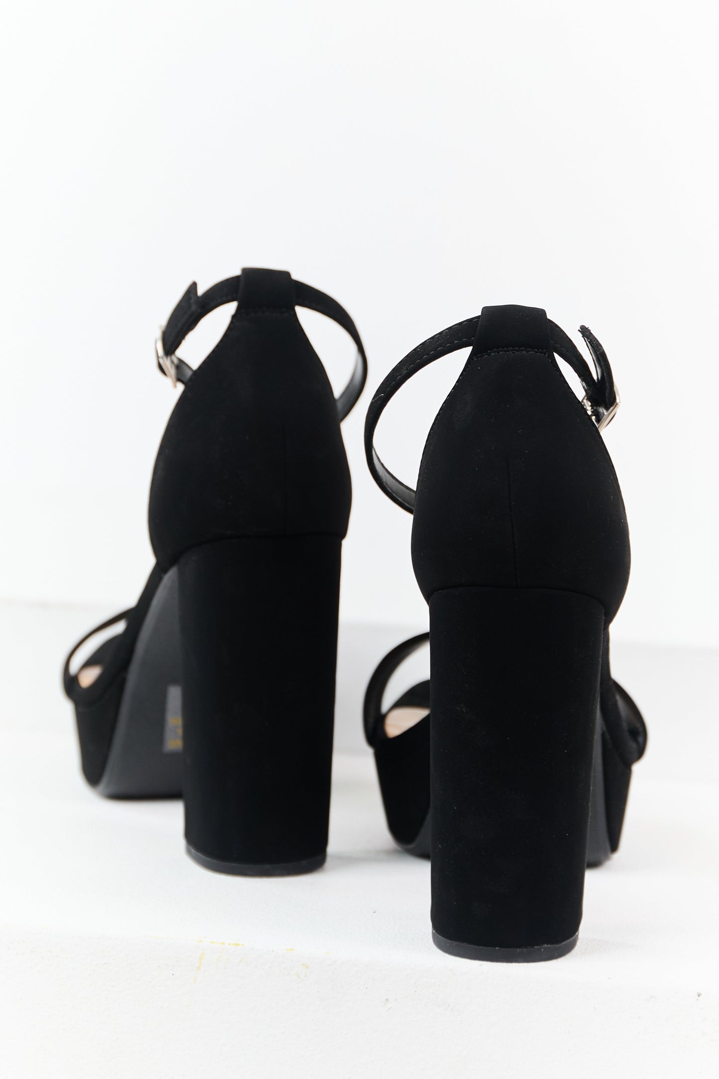 Black Faux Leather Ankle Strap Platform Heels