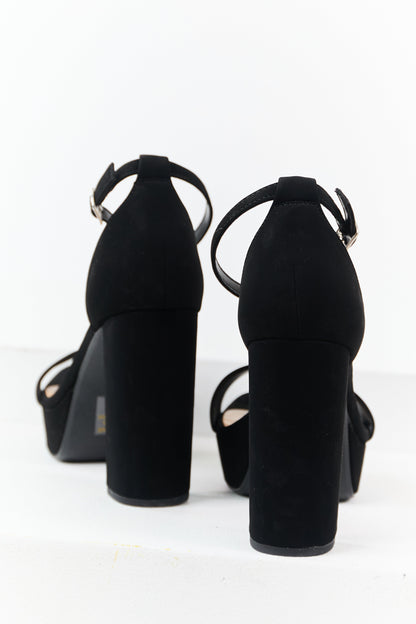 Black Faux Leather Ankle Strap Platform Heels