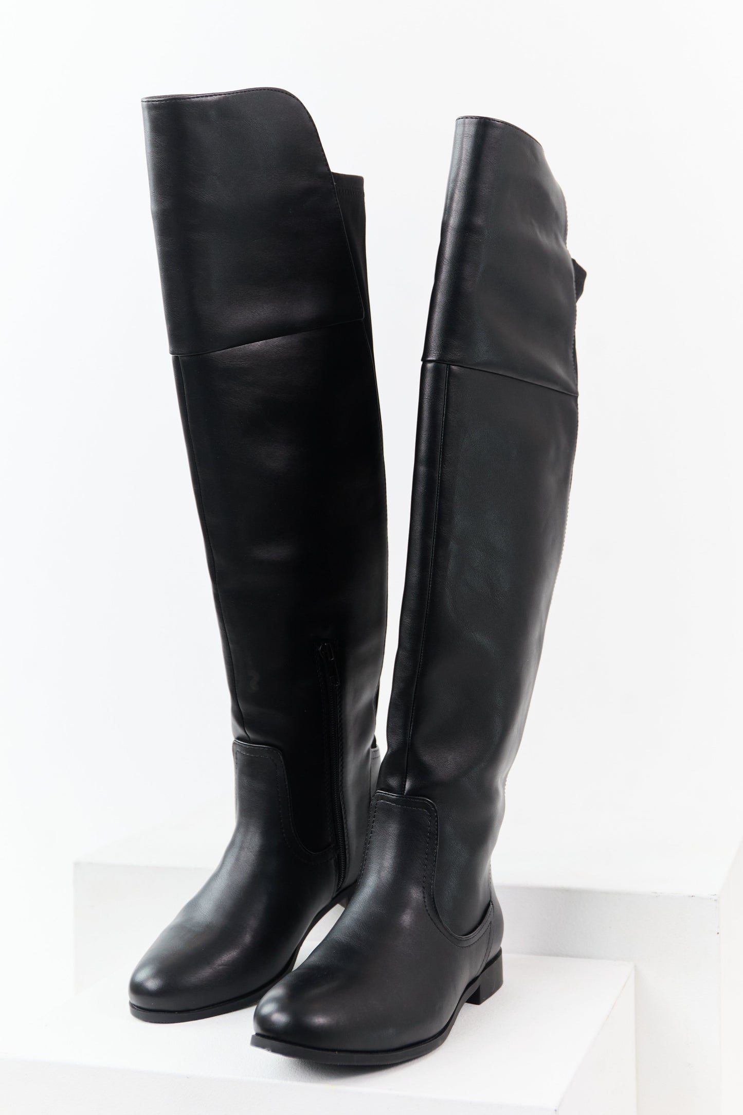 Black Faux Leather Over the Knee Round Toe Boots