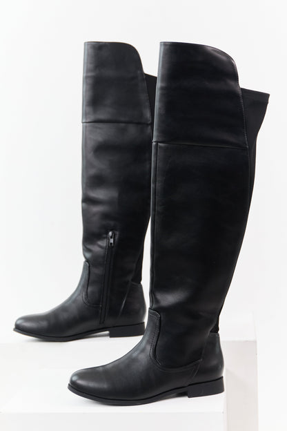 Black Faux Leather Over the Knee Round Toe Boots